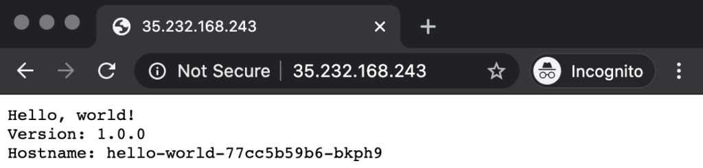 Your GKE containerized app "Hello World!"